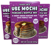 TJ's front packaging of ube mochi pancake mix showing vibrant purple box for eye-catching breakfasts