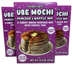 TJ's front packaging of ube mochi pancake mix showing vibrant purple box for eye-catching breakfasts
