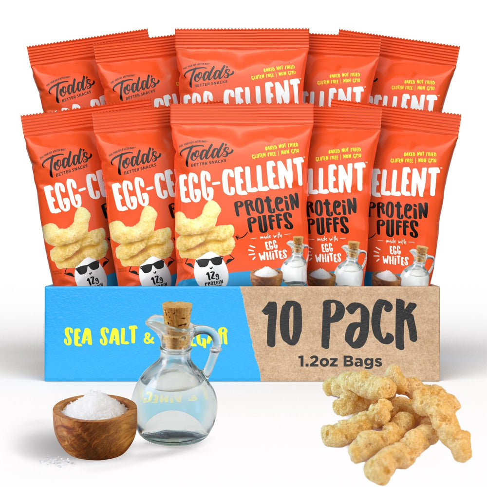 Todd's Better Snacks front packaging showing sea salt & vinegar flavor and branding benefit: portable protein