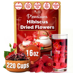 TOG999 front packaging 16oz resealable bag shows vibrant hibiscus petals and benefits freshness