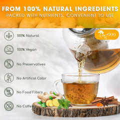 TOG999 flatlay of ginger turmeric peppermint cinnamon black pepper, showcases natural ingredients