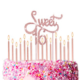 Tondiamo sweet 16 topper front view showing glittered script and instant cake focus