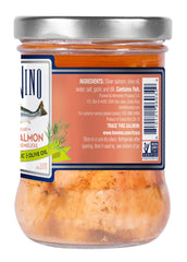 Tonnino close-up of flaky salmon texture in olive oil, highlights moistness