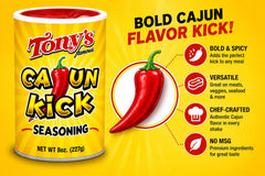 Tony Chachere's Cajun Kick canister close-up highlighting label with bold spicy benefit
