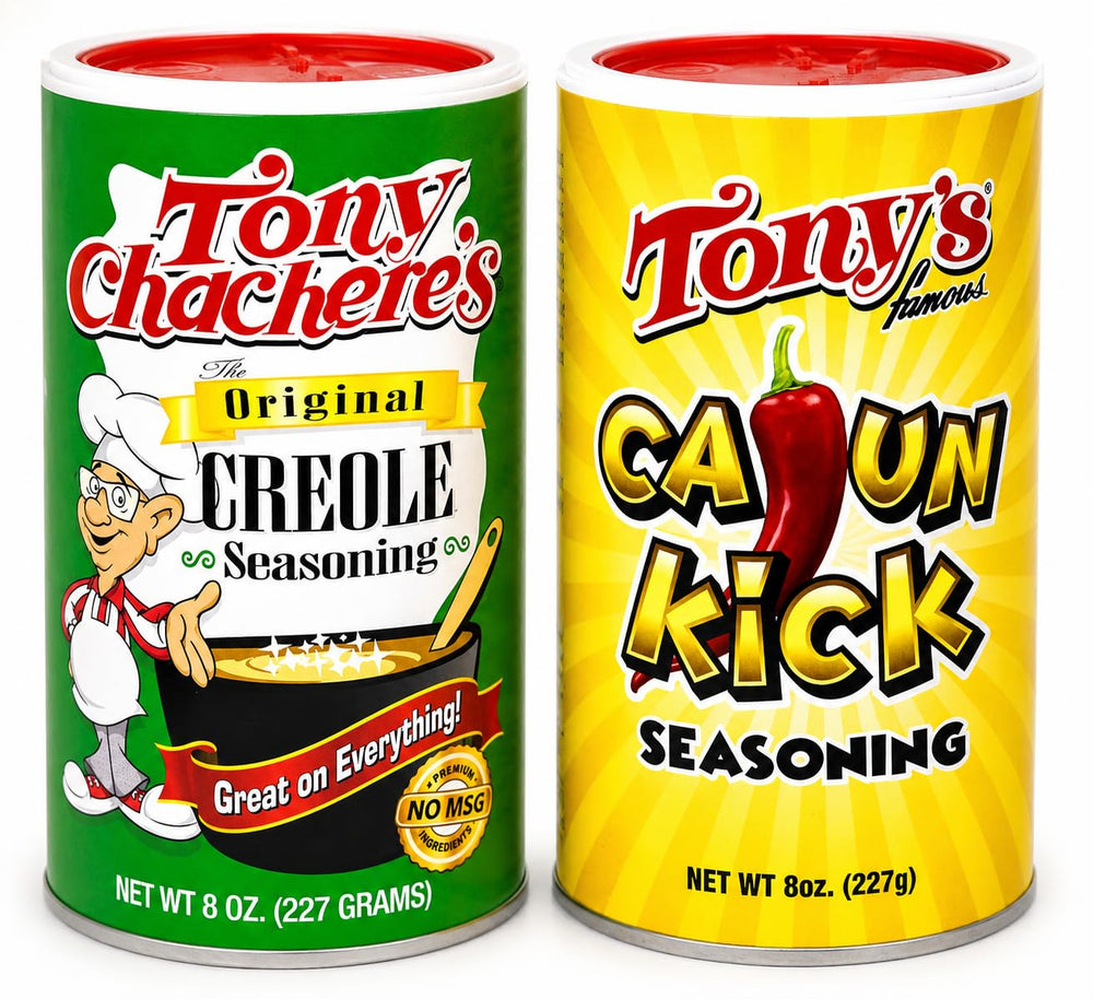 Tony Chachere's front packaging 2-pack showing canisters and brand for pantry-ready convenience