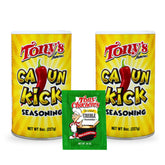 Tony Chachere's front packaging showing two canisters and bold label, durable pantry staple