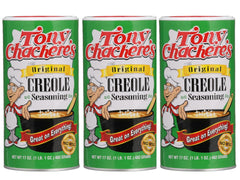 Tony Chachere's front packaging showing three 17 ounce shakers and brand