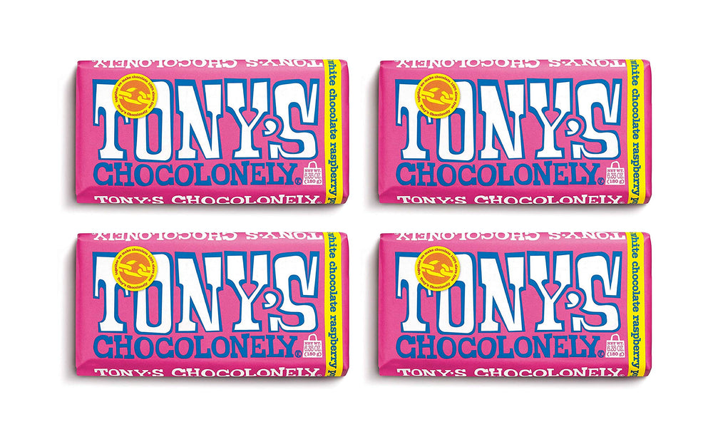 Tony's Chocolonely front packaging showing white raspberry bar and Fairtrade badge