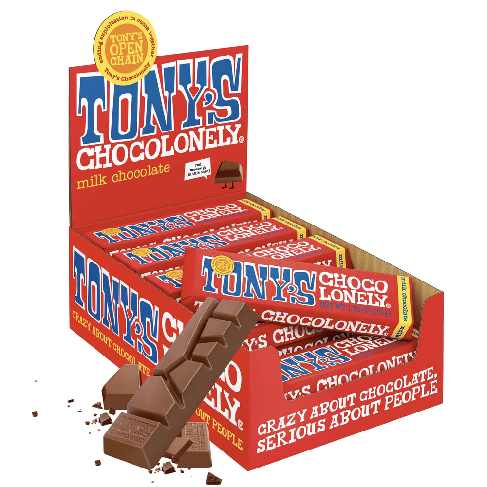Tony's Chocolonely front packaging showing 20-pack and fairtrade benefit