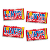 Tony's Chocolonely front packaging showing four milk-chocolate bars and Fairtrade badge