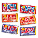 Tony's Chocolonely front packaging showing six-bar bundle and brand identity benefit