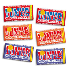 Tony's Chocolonely front packaging showing six-bar bundle and brand identity benefit