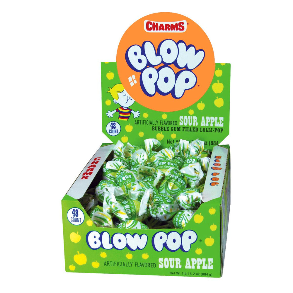 Tootsie Roll Charms Blow Pops front box showing 48-count, convenient bulk storage