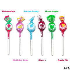 Tootsie Charms Mini Pops flavor array laid out to show 18 unique flavors and variety