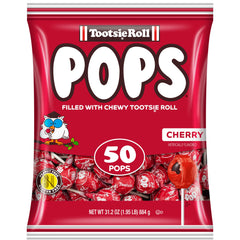 Tootsie Roll cherry front packaging showing bulk 50-count bag and clear branding, convenient bulk snack