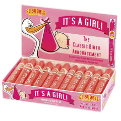 Tootsie Roll box front showing pink "It's A Girl" label and count, festive gifting benefit