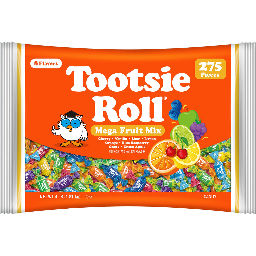 Tootsie Roll front of bag showing mega mix branding and flavor list, clear for event planning