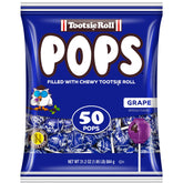 Tootsie Roll grape front packaging shows 50-count bulk bag and branding benefits