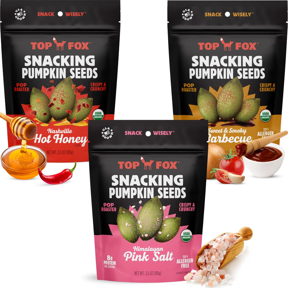 Top Fox front packaging showing three flavor pouches and variety benefits