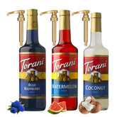 Torani three-pack front view showing colorful bottles and label benefits