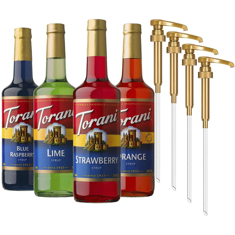 Torani 4-pack front packaging showing all four flavors and pumps for quick serving benefit