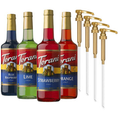 Torani 4-pack front packaging showing all four flavors and pumps for quick serving benefit