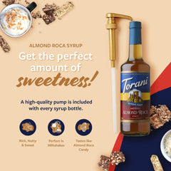 Torani Almond Roca pump pouring syrup into coffee to enhance flavor