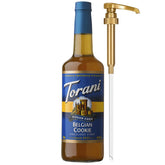Torani Belgian Cookie front packaging showing bottle and pump for easy dosing