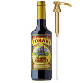 Torani black anisette front bottle showing 750 ml anniversary packaging and easy pouring