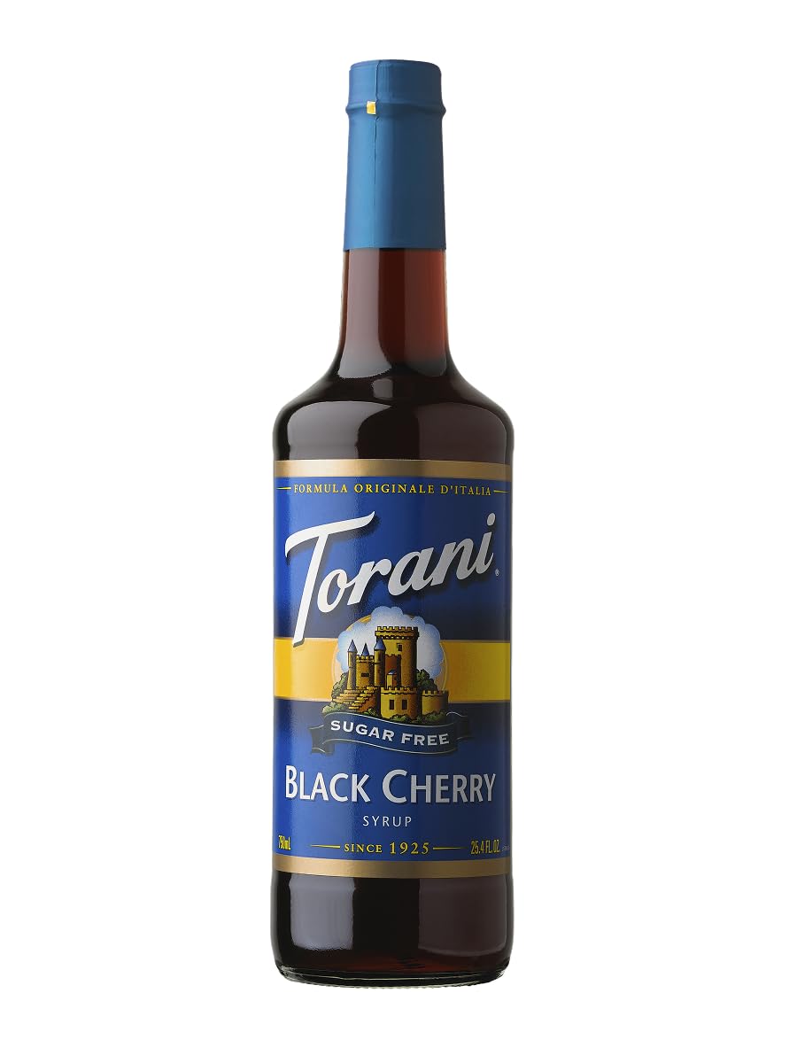 Torani bottle front packaging showing black cherry flavor and zero sugar benefit