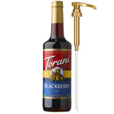 Torani bottle front showing blackberry syrup and clear branding for easy identification