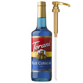 Torani bottle front packaging showing Blue Curacao syrup and benefits