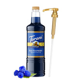 Torani bottle front view showing blue raspberry flavor and zero sugar benefits