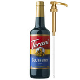 Torani bottle front label showing blueberry flavor and volume benefit