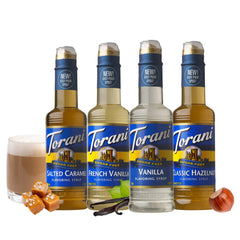 Torani close-up on vanilla bottle label highlighting brand and clear info