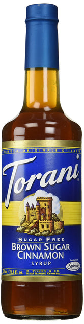 Torani bottle front label showing brown sugar cinnamon flavor and calorie-free benefit