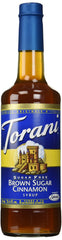 Torani bottle front label showing brown sugar cinnamon flavor and calorie-free benefit