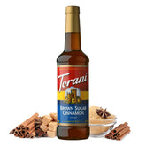 Torani bottle front view showing brown sugar cinnamon flavor and easy-pour benefit
