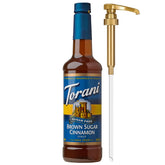 Torani bottle front packaging showing brown sugar cinnamon flavor and pump for easy serving