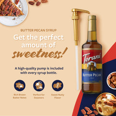 Torani butter pecan pouring into coffee to add buttery pecan flavor and aroma