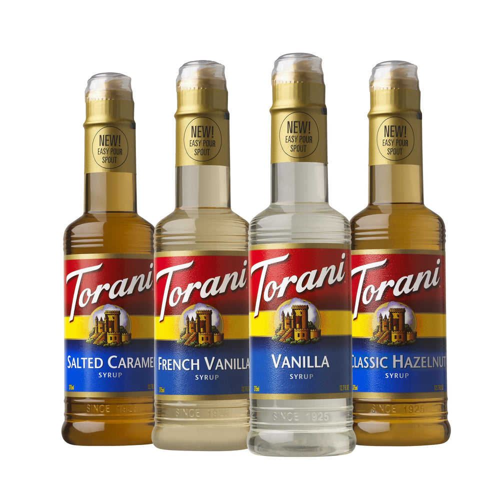 Torani front packaging showing four syrup bottles for versatile coffeehouse flavors