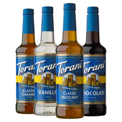 Torani variety pack front packaging showing four sugar free café flavors and convenience