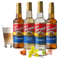 Torani Caramel bottle closeup highlighting label and pour spout for easy measured use