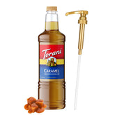 Torani caramel bottle front view showing label and 1L size, ideal for reliable flavor