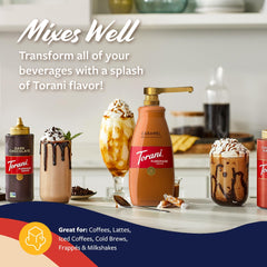 Torani caramel drizzled over latte foam enhancing visual appeal and flavor