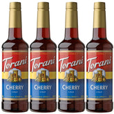 Torani cherry syrup front packaging showing four bottles and bold red color benefit consistent flavor