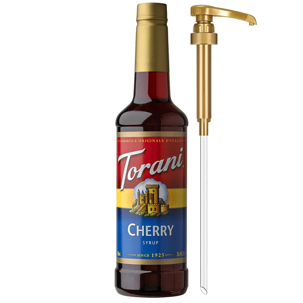 Torani bottle front packaging showing cherry syrup branding and vibrant color benefit