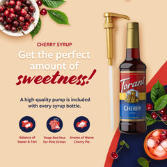Torani syrup drizzled on dessert showing rich cherry flavor and visual appeal benefit