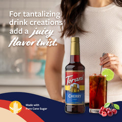 Iced latte topped with Torani cherry syrup demonstrating flavored beverage enhancement benefit