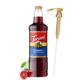 Torani bottle front label showing cherry flavor and 1L size benefits